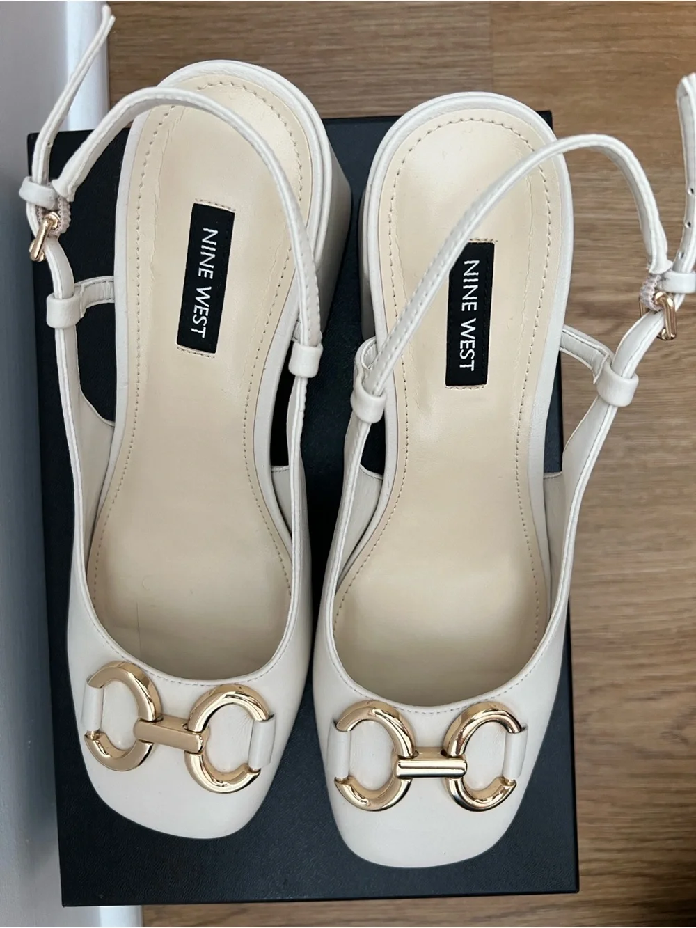 Nine West Ivory Slingback Block Heel Pumps with Gold Hardware